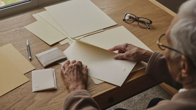 Illustrazione: cartelline ordinate, occhiali e penna su una scrivania di legno