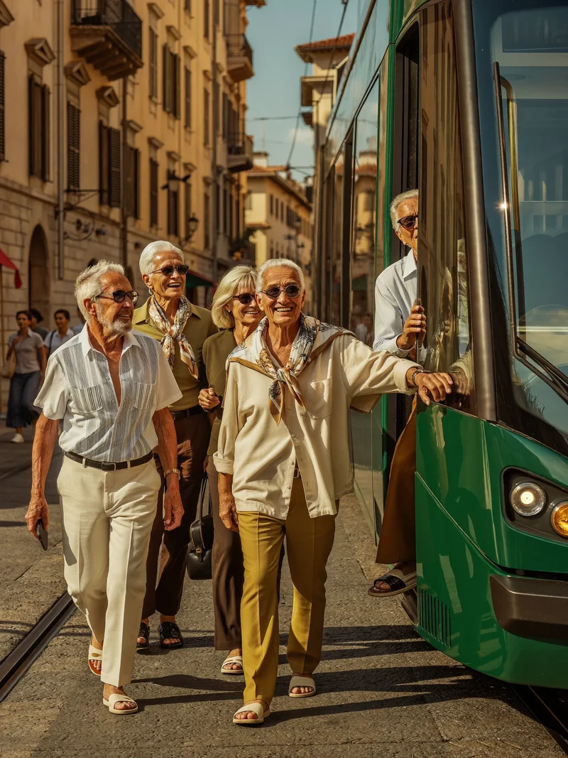 Illustrazione: gruppo di senior che sale su un tram in città